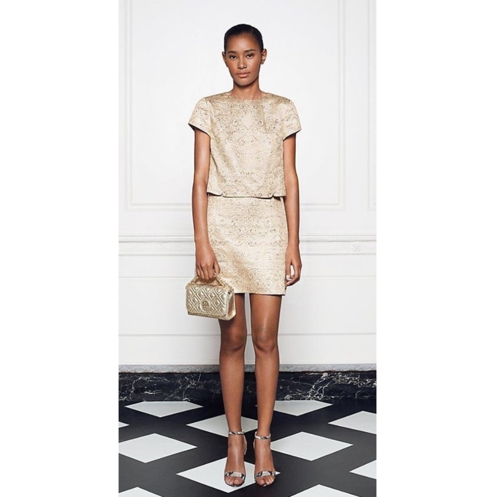 Tory Burch Brielle Metallic Brocade Mock Two Piece Dress in Sandshell - Picture 13 of 16